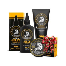 Bossman Essentials Beard Kit for Men, Set of 3 - Beard Oil Jelly, Fortifying Conditioner Cream, Beard Balm - Grooming Growth Care Accessories - Gift Set for Men (Gold)