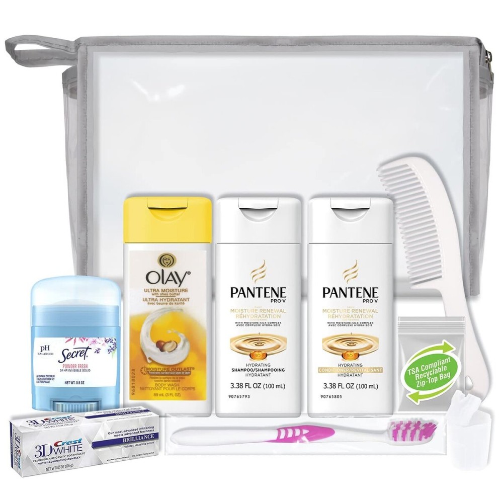 Convenience Kits International Women\'s 10-Piece Deluxe Kit with Travel Size TSA Compliant Essentials, Featuring: Pantene Hair Products in Reusable Toiletry Bag - Clear color