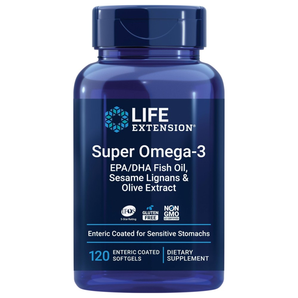 Life Extension Super Omega-3 EPA/DHA Fish Oil, Sesame Lignans & Olive Extract - Heart Health, Brain Health, Inflammation Health Support, Gluten-Free, Enteric-Coated, Non-GMO, 120 Softgels