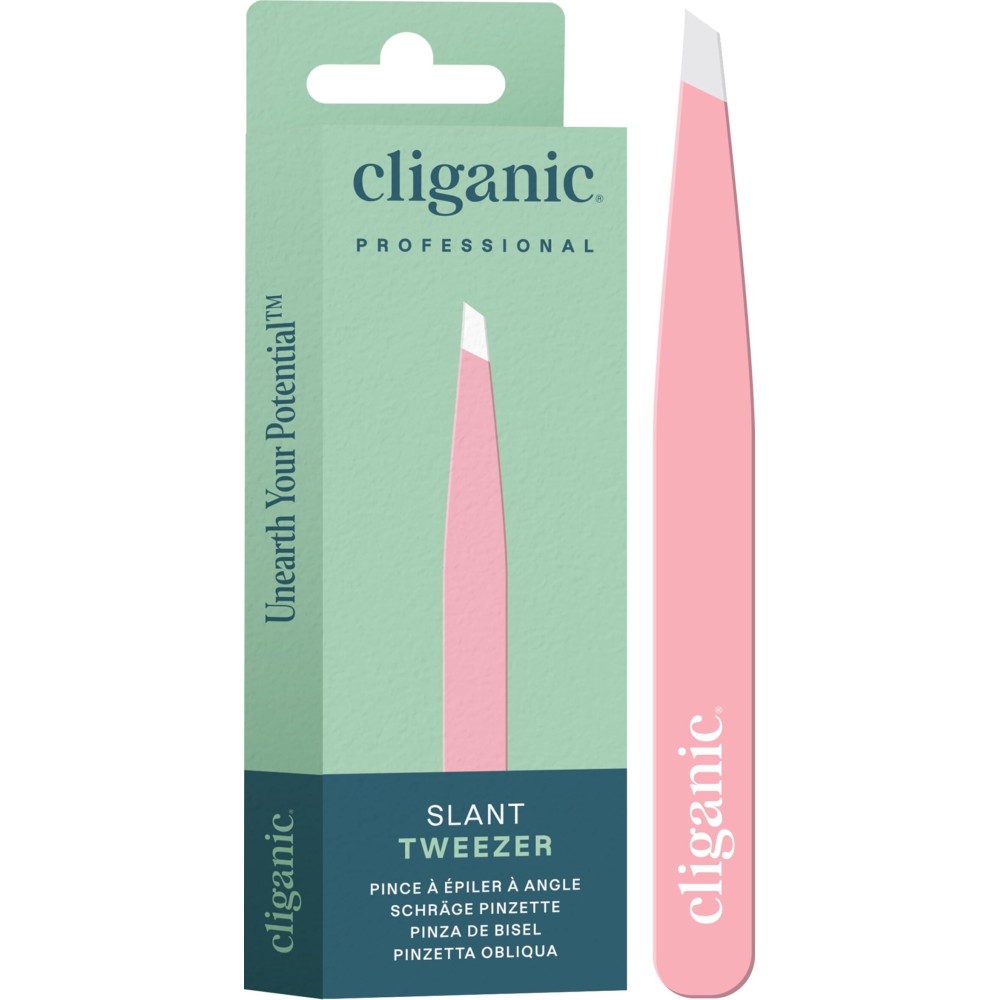 Cliganic Professional Eyebrow Tweezers Slant Tip (Pink) - Precision for Men & Women, Stainless Steel Best for Plucking Chin Facial Hair
