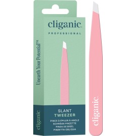 Cliganic Professional Eyebrow Tweezers Slant Tip (Pink) - Precision for Men & Women, Stainless Steel Best for Plucking Chin Facial Hair