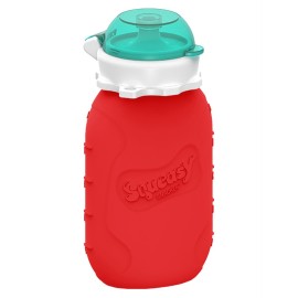 Red 6 oz Squeasy Snacker Spill Proof Silicone Reusable Food Pouch - for Both Soft Foods and Liquids - Water, Apple Sauce, Yogurt, Smoothies, Baby Food - Dishwasher Safe