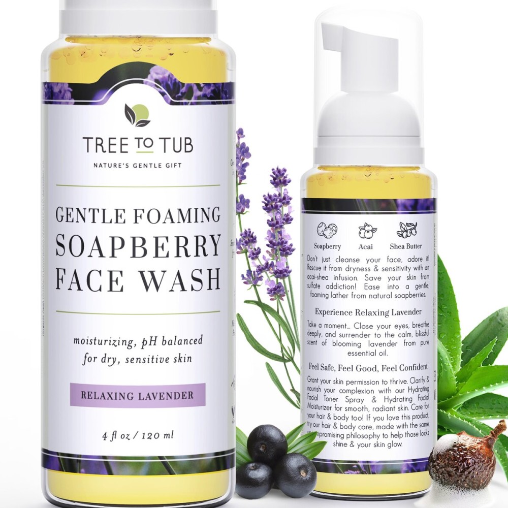 Tree to Tub Sensitive Skin Face Wash for Dry Skin - Moisturizing Gentle Face Cleanser for Women & Men, Hydrating Foaming Facial Cleanser, Daily Face Soap w/Organic Aloe Vera, All Natural Lavender Oil