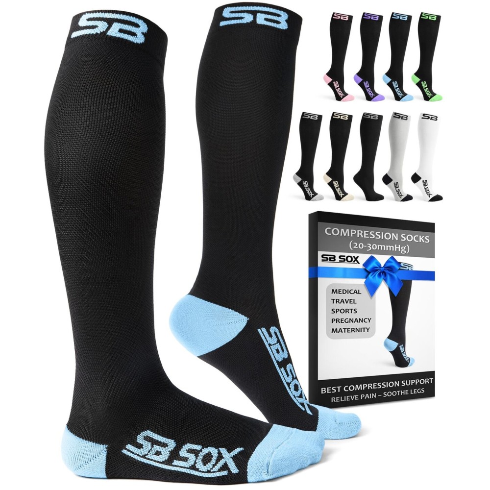SB SOX Compression Socks for Men & Women (20-30 mmHg) - Best Support Stockings for Travel, Medical, and Sports - Perfect for Everyday Wear (X-Large, Black/Blue)