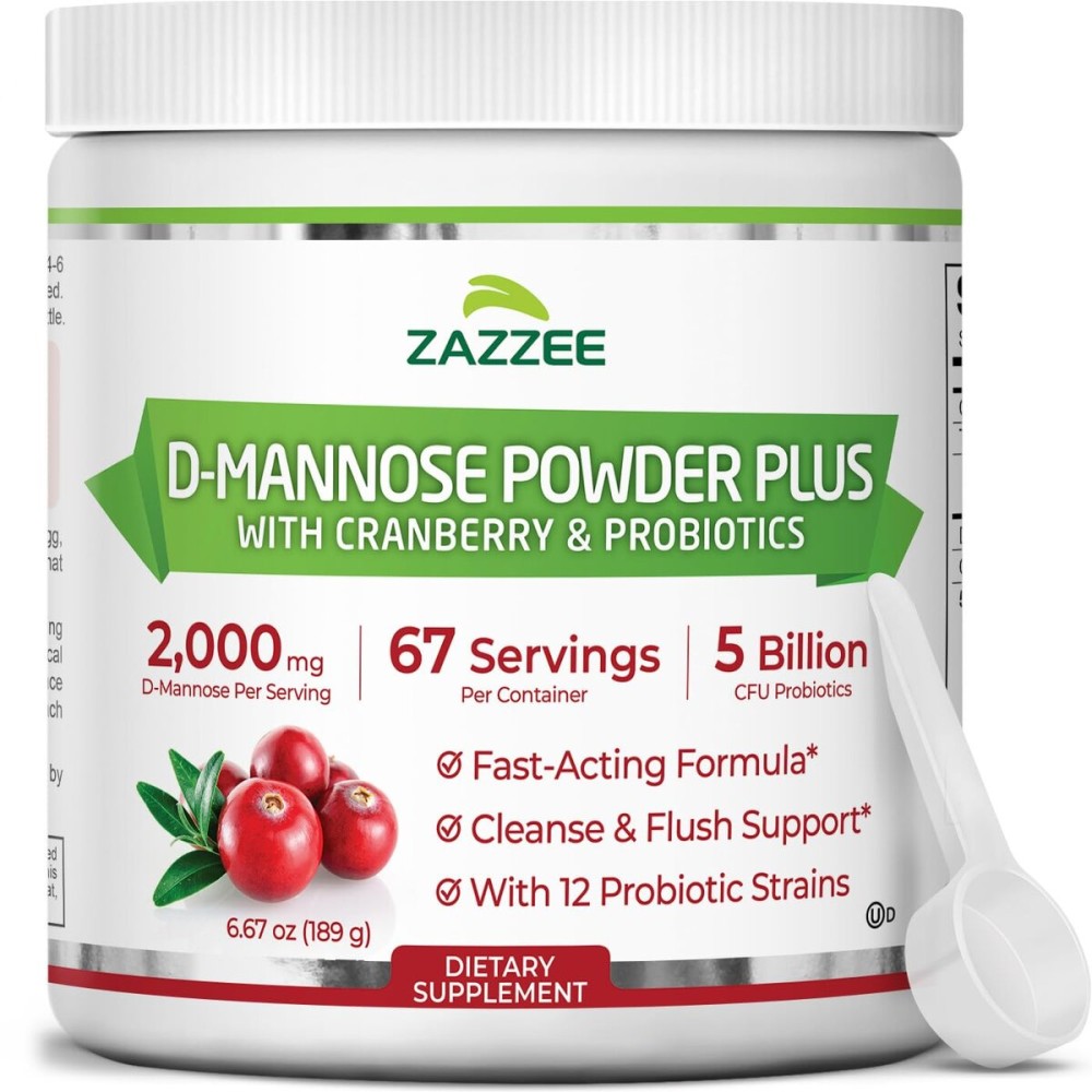 Zazzee D-Mannose Powder Plus, 2000 mg, 67 Servings, Potent & Fast-Acting, Plus 5 Billion CFU Probiotics and Pure Cranberry Juice Extract, Kosher, Free Scoop, 6.5 Oz, Gluten-Free, Non-GMO All-Natural
