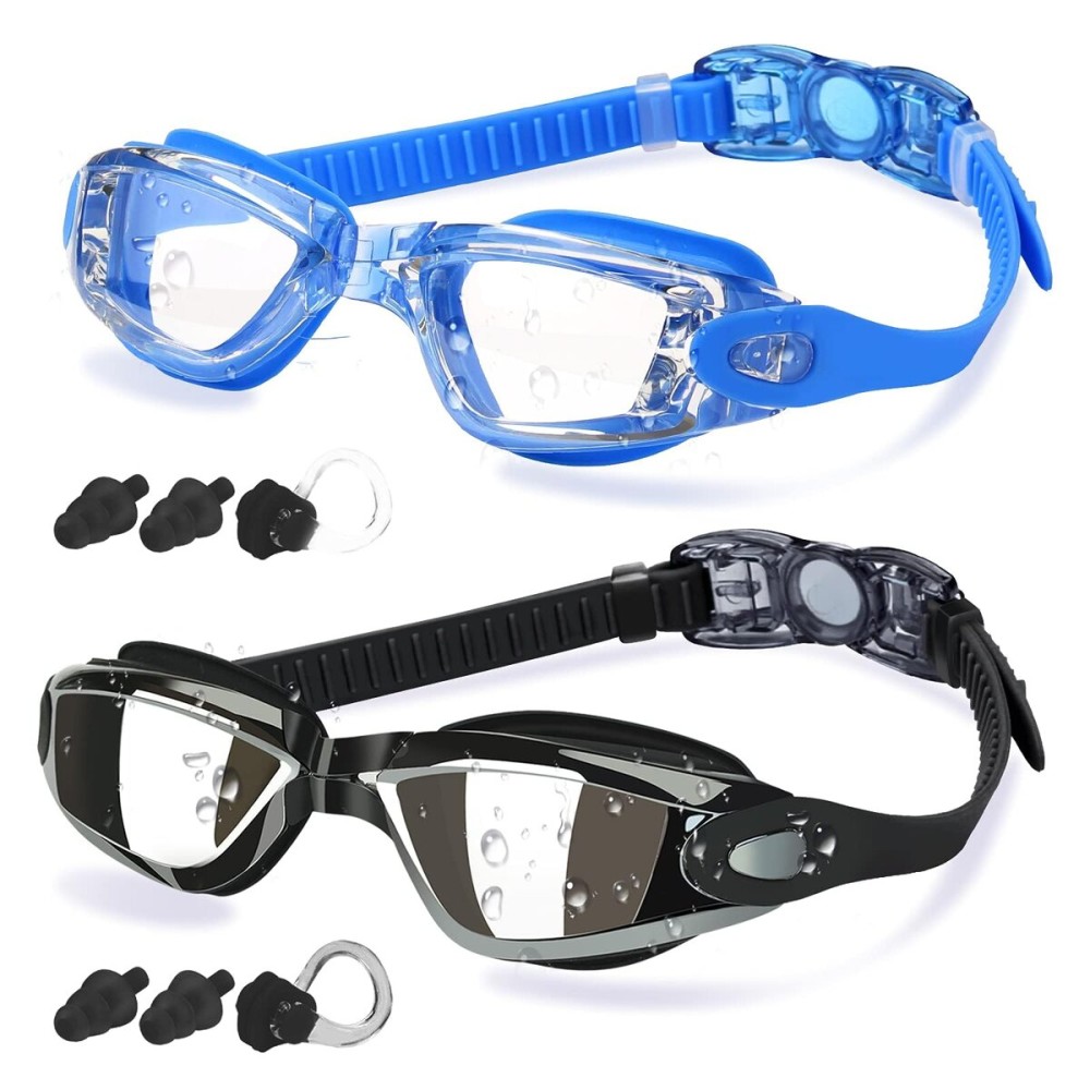 COOLOO Swim Goggles Men, 2 Pack Swimming Goggles for Women Kids Adult Anti-Fog,Black & Blue