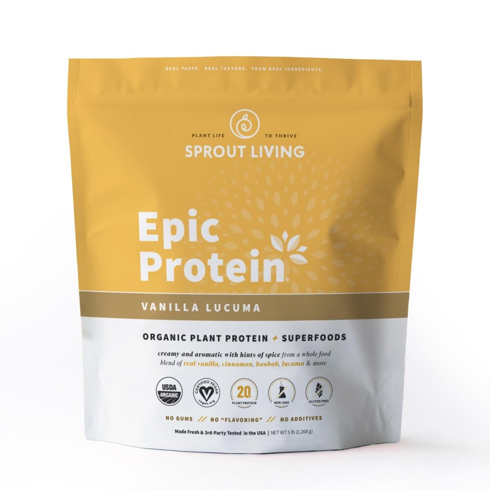 Sprout Living Epic Protein, Plant Based Protein & Superfoods Powder, Vanilla Lucuma Powder | 20 Grams Organic Protein Powder, Vegan, Non Dairy, Non-GMO, Gluten Free, Low Sugar (5 Pound, 60 Servings)