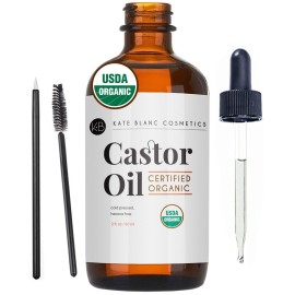 Kate Blanc Cosmetics Castor Oil Organic for Hair, Lashes, Face (2oz), 100% Pure, Cold Pressed, Hexane Free Hair Oil. Eyelash Serum for Thicker-Looking Eyelashes & Eyebrows