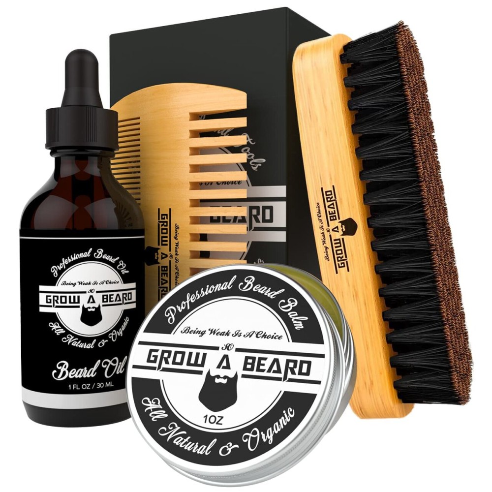 Beard Brush, Beard Comb, Beard Oil, & Beard Balm Grooming Kit for Men\'s Care, Travel Facial Hair Set for Growth, Styling, Shine & Softness, Great Gifts for Him