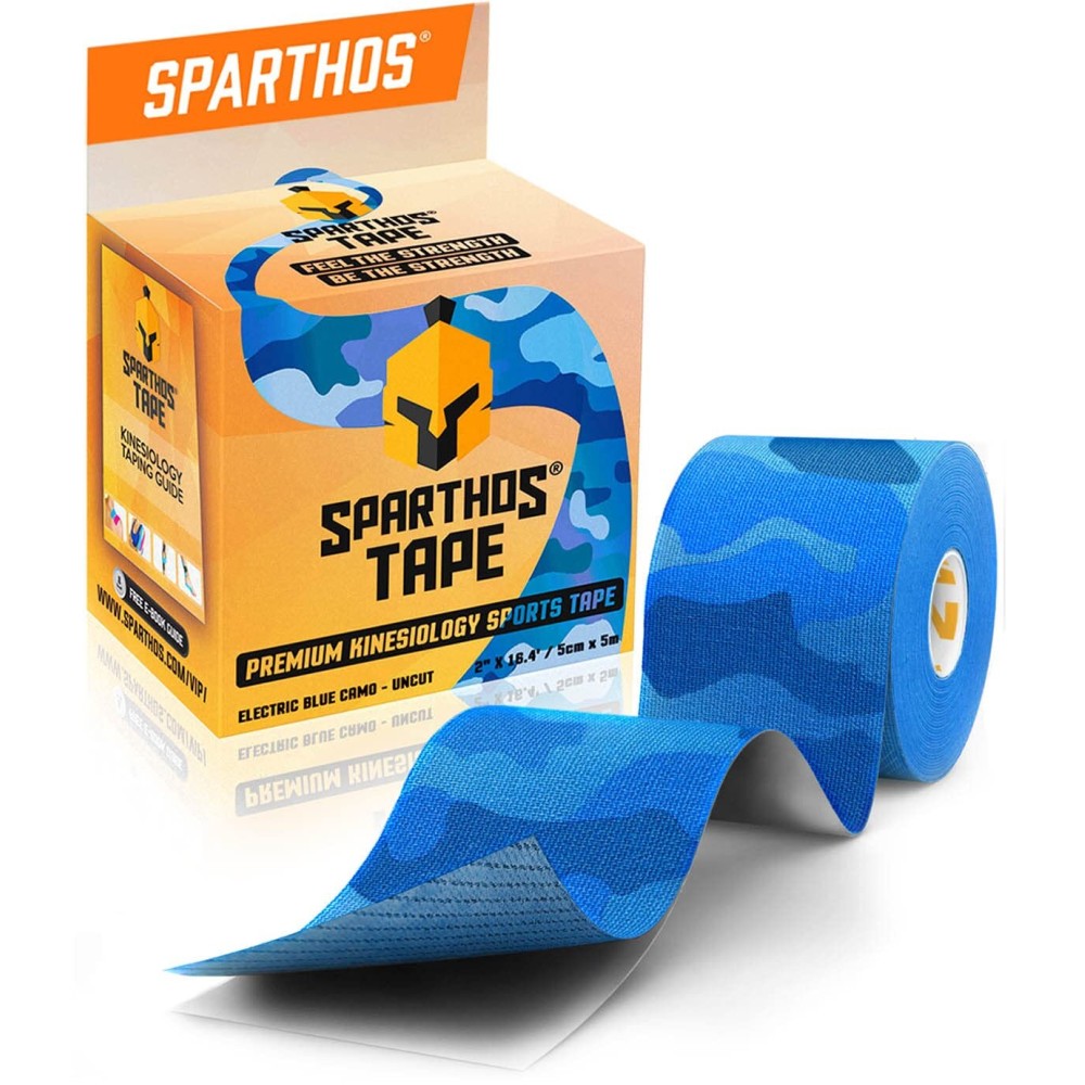 Sparthos Kinesiology Tape - Incredible Support for Athletic Sports and Recovery - Free Kinesio Taping Guide! - Pain Leg Back Shoulder Ankle Knee Tendonitis Injury - Uncut (Electric Blue Camo)
