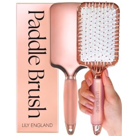 Lily England Paddle Hair Brush for Women with All Hair Types - Professional Hairbrush for Blow Drying, Detangling & Straightening - Smooth Brush with Gel Handle for Easy Grip, Rose Gold-White