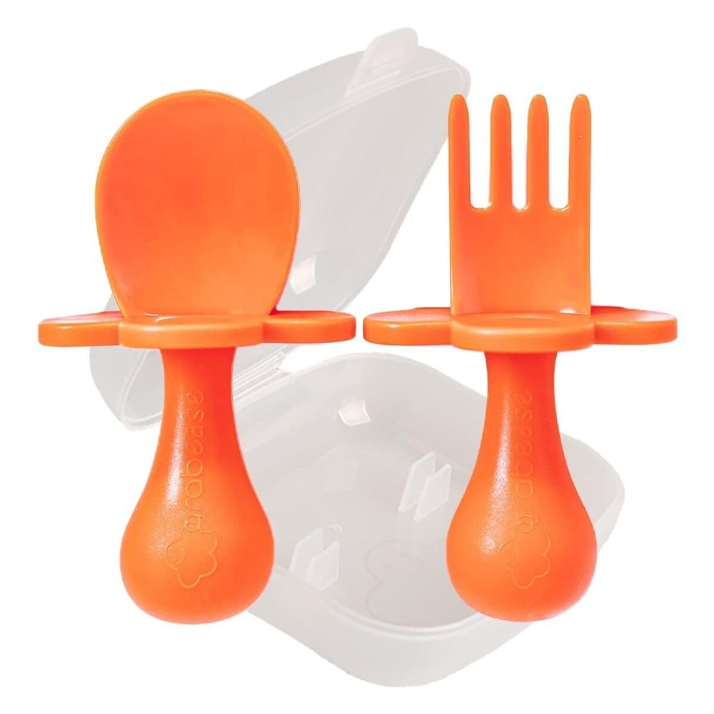 Grabease Baby Feeding Utensils Set - Infant and Baby Fork and Spoon for Ages 1-11 Months, BPAs and Phthalate-Free Cutlery, Plastic, 1 Set, Orange