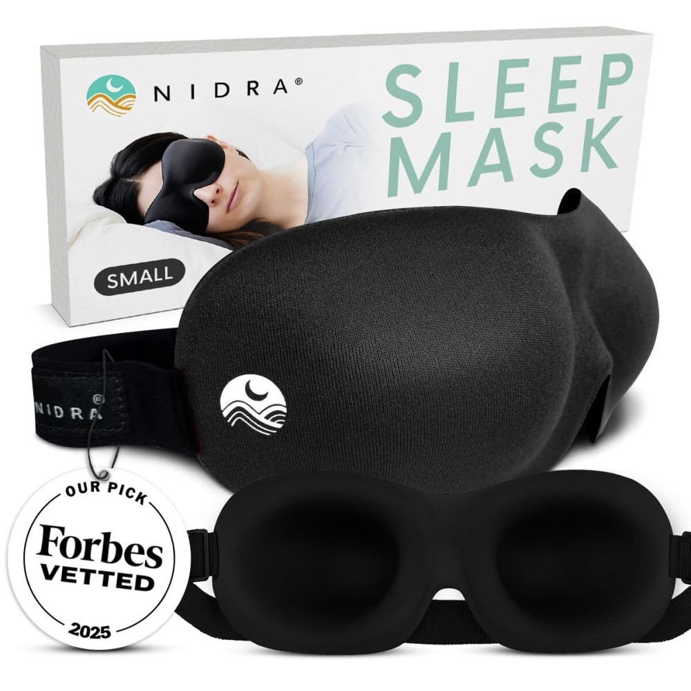 Nidra Contoured Sleep Mask for Side Sleepers - Zero Pressure Fit, Light Blocking Eye Shade for Sleeping & Travel - Black, Small Size