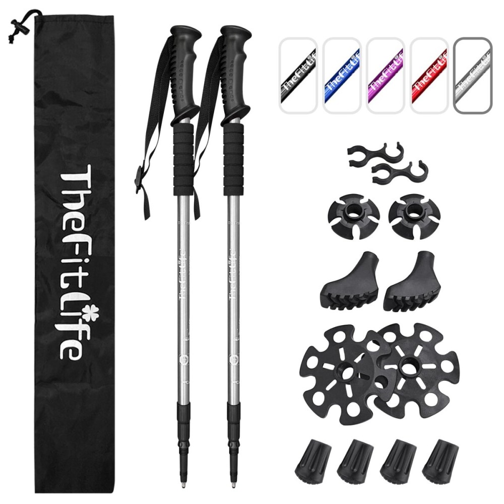 TheFitLife Nordic Walking Trekking Poles - 2 Pack with Antishock and Quick Lock System, Telescopic, Collapsible, Ultralight for Hiking, Camping, Mountaining, Backpacking, Walking, Trekking (Silver)
