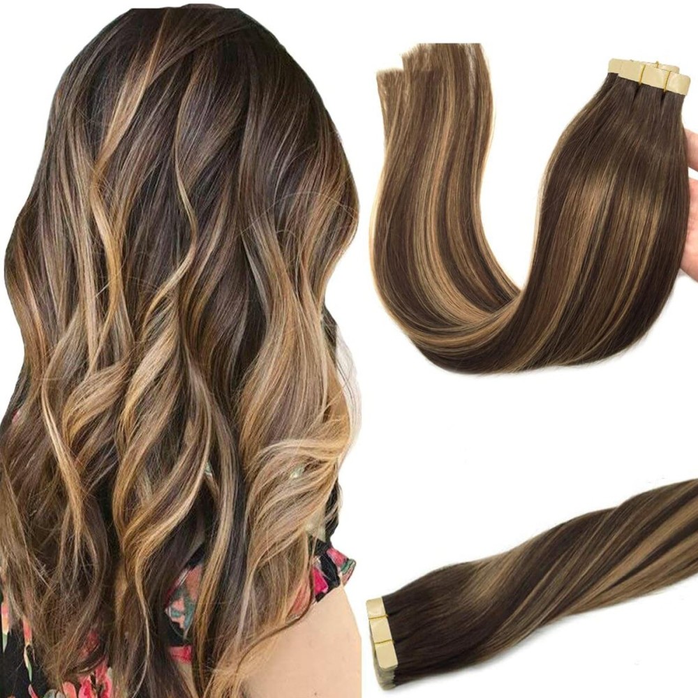 GOO GOO Tape in Hair Extensions Human Hair, 4/27/4 Balayage Chocolate Brown to Caramel Blonde, 22inch 50g 20pcs, Thick Ends Straight Seamless, Invisible