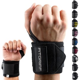 Fitgriff Wrist Wraps for Weightlifting (18) Heavy-Duty Support for Gym, Bench Press, and Pushups (1 Pair) - for Men and Women (Black)