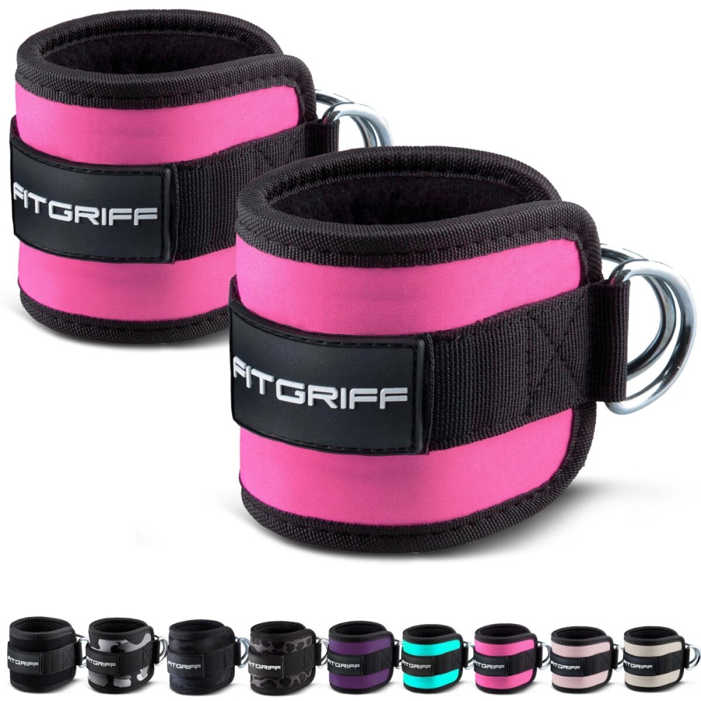 Fitgriff Ankle Straps V1 for Cable Machine (2 Pieces) - Gym Workout Equipment - Leg Pulley Attachment, Kickback Straps (Pink)