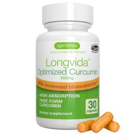 Igennus Longvida Lipidated Curcumin 500mg, Ultra Bioavailable & Sustained Action, 65x Higher Plasma Levels, Intensive Support, Free-Form Curcumin, Vegan, 30 Capsules