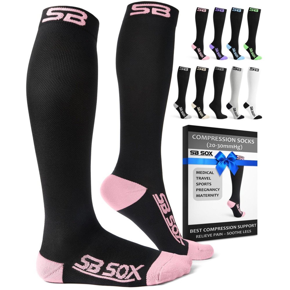 SB SOX Compression Socks for Men & Women (20-30 mmHg) - Best Support Stockings for Travel, Medical, and Sports - Perfect for Everyday Wear (Small, Black/Pink)