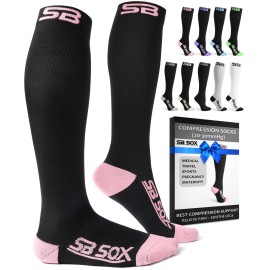 SB SOX Compression Socks for Men & Women (20-30 mmHg) - Best Support Stockings for Travel, Medical, and Sports - Perfect for Everyday Wear (Small, Black/Pink)