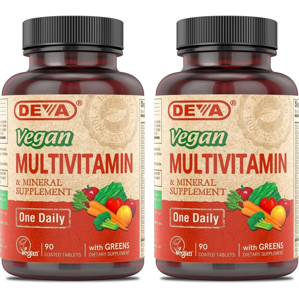 DEVA Vegan Multivitamin & Mineral Supplement with Iron 2-Pack, Spirulina, Chlorella, Ashwagandha, Broccoli & More, 90 Coated Tablets Each