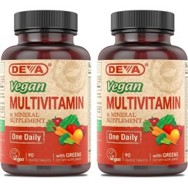 DEVA Vegan Multivitamin & Mineral Supplement with Iron 2-Pack, Spirulina, Chlorella, Ashwagandha, Broccoli & More, 90 Coated Tablets Each