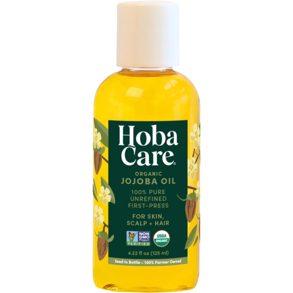 HobaCare Organic Unrefined Jojoba Oil for Nails, Cuticles, Dry Skin, Beard, Scalp Massage - Mini Travel Size 100% Pure Hexane Free Natural Carrier Oil for Skincare, Hair, Shaving Aftercare (4.22 oz)