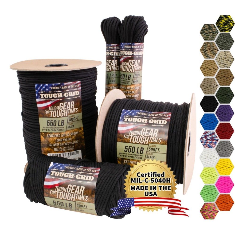 TOUGH-GRID 550 Paracord Rope Nylon Parachute Cord, Made in USA Survival Kit, Outdoor Adventures, Camping, Tactical Gear & Emergency Supplies, Military Type III Mil-Spec