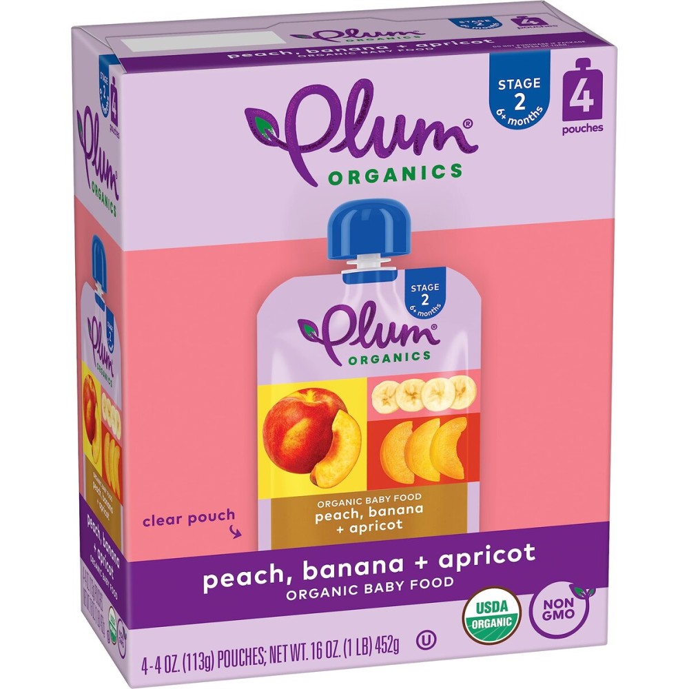 Plum Organics Peach, Banana & Apricot, 6+ Months - Organic Fruit and Veggie Baby Food Pouches, 4 oz Pouch (Pack of 4)