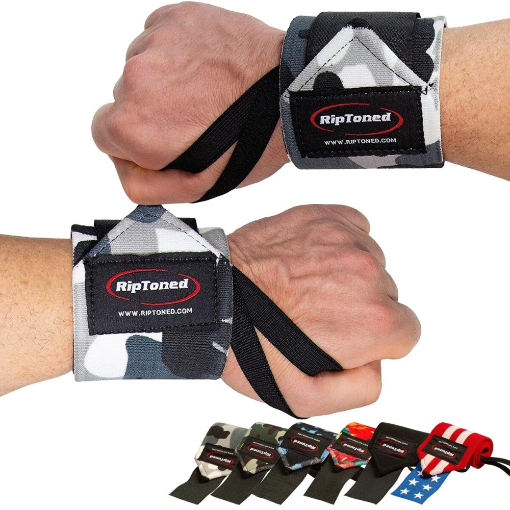 Rip Toned Wrist Wraps for Weightlifting - USPA & USAPL Approved 18 Wrist Straps for Powerlifting - Adjustable, Durable Gym Wraps with Thumb Loop - Quality Support for Men & Women - Gray Camo Flex