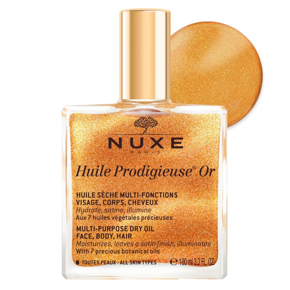 Nuxe Huile Prodigieuse Shimmer Dry Oil With 7 Botanical Oils for Radiant Glow & Hydration for Face, Body & Hair, 3.3 Fl Oz
