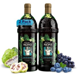 TAHITIAN NONI Juice by Morinda, Original and Authentic, Noni Fruit Puree from Tahiti with Natural Blueberry & Grape (Resveratrol), All-Natural Daily Wellness Drink - 2 One Liter Juice Bottles Case
