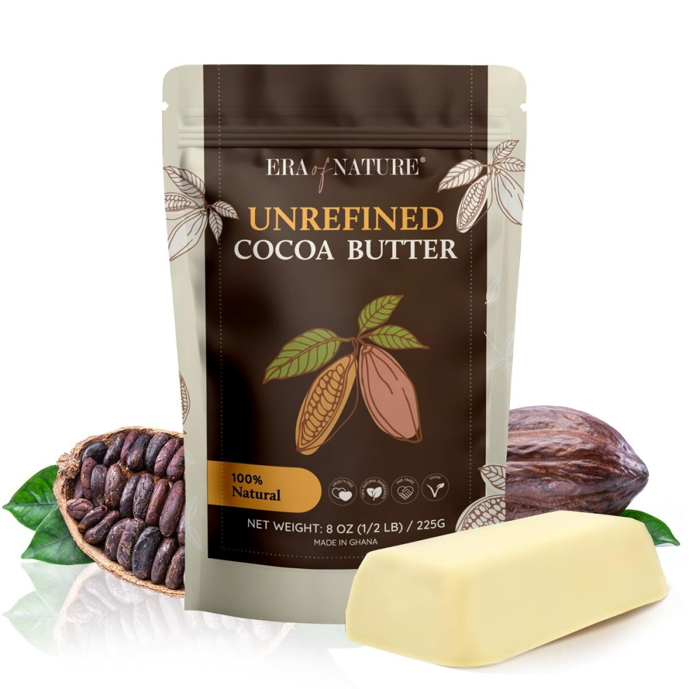 Era of Nature Cocoa Butter Raw - 100% Pure & Unrefined, Cold-Pressed Cacao - For DIY Skincare & Haircare - Deep Hydration for Skin, Hair, Lips - Stretch Mark & Scar Care - Natural Chocolate Scent, 8oz