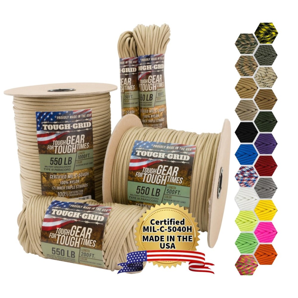 TOUGH-GRID 550 Paracord Rope Nylon Parachute Cord, Made in USA Survival Kit, Outdoor Adventures, Camping, Tactical Gear & Emergency Supplies, Military Type III Mil-Spec
