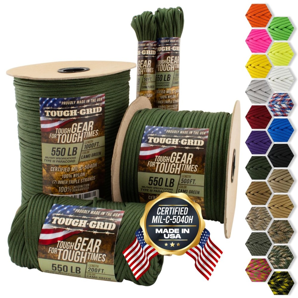 TOUGH-GRID 550 Paracord Rope Nylon Parachute Cord, Made in USA Survival Kit, Outdoor Adventures, Camping, Tactical Gear & Emergency Supplies, Military Type III Mil-Spec