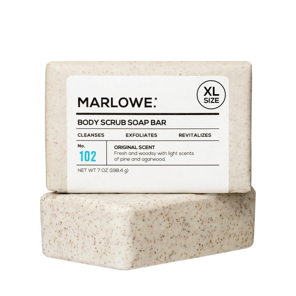 MARLOWE. No. 102 Body Scrub Soap 7 oz, Exfoliating Soap Bar with Shea Butter, Olive Oil & Green Tea Extracts, Cleanses, Smooths & Revitalizes Skin, Original Sage & Fir Scent