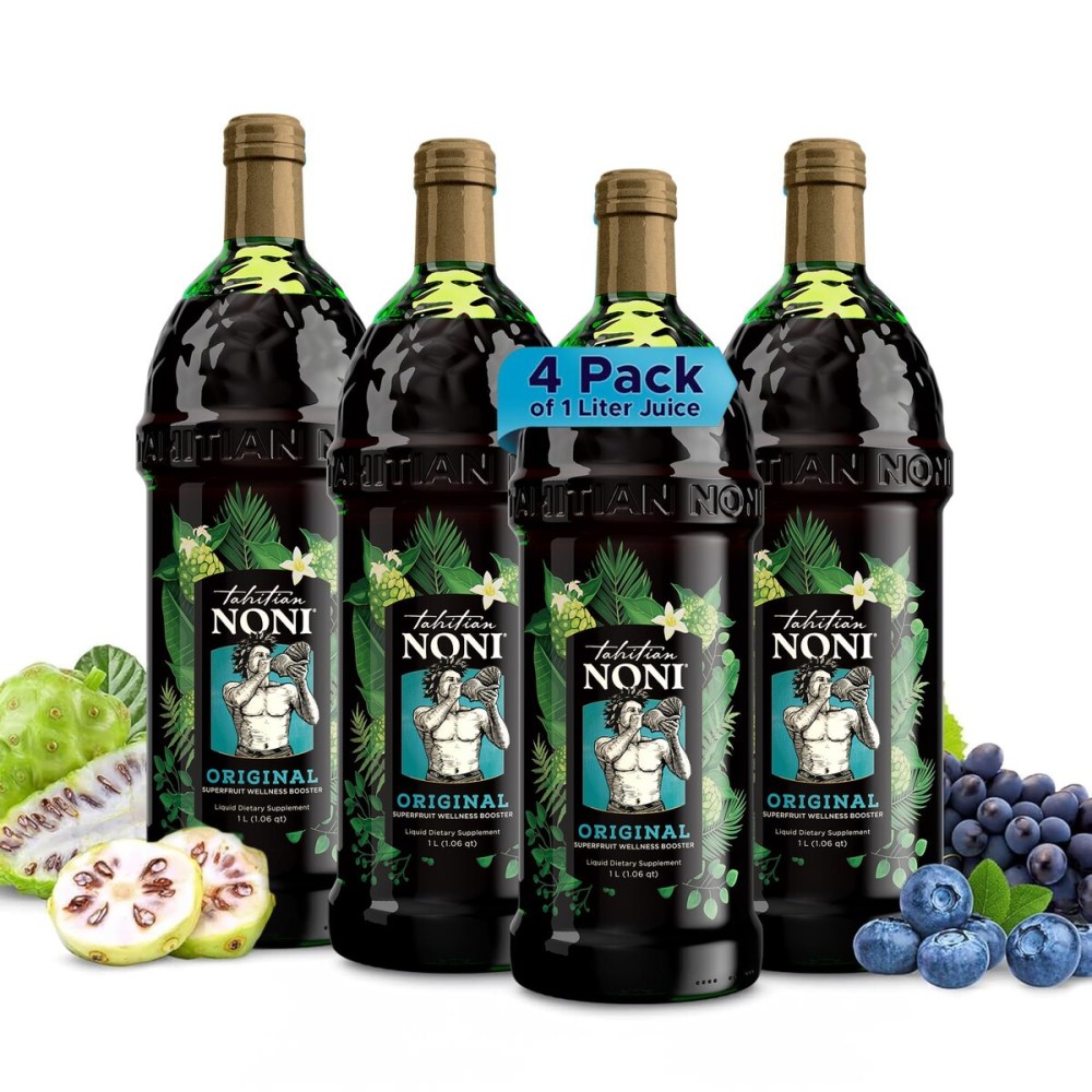 Tahitian Noni Juice by Morinda - Original Pure Noni Fruit Blend with Blueberry, Grape Extracts - Healthy Superfood Vitality Daily Wellness Drink - 4 Pack of 1L Bottle