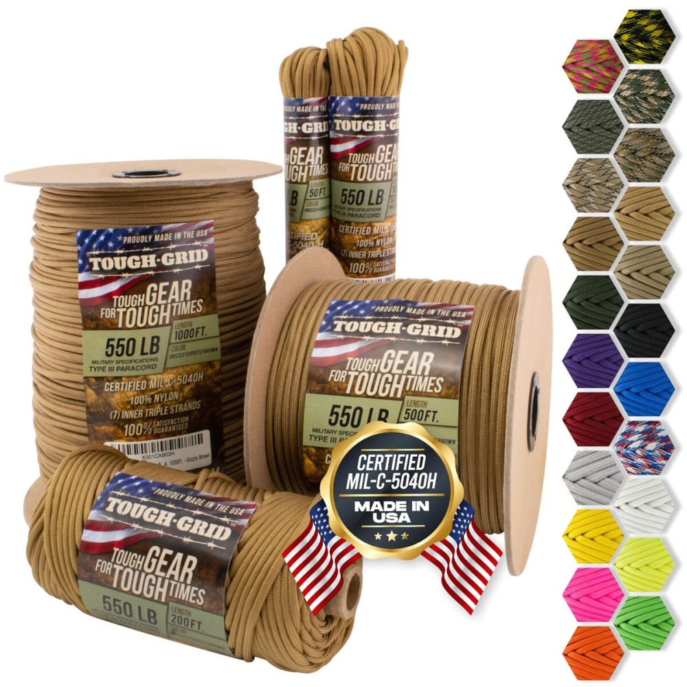 TOUGH-GRID 550 Paracord Rope Nylon Parachute Cord, Made in USA Survival Kit, Outdoor Adventures, Camping, Tactical Gear & Emergency Supplies, Military Type III Mil-Spec