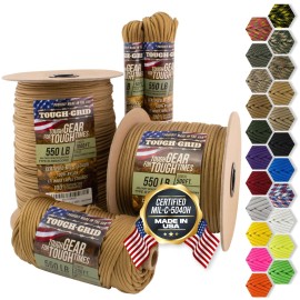 TOUGH-GRID 550 Paracord Rope Nylon Parachute Cord, Made in USA Survival Kit, Outdoor Adventures, Camping, Tactical Gear & Emergency Supplies, Military Type III Mil-Spec