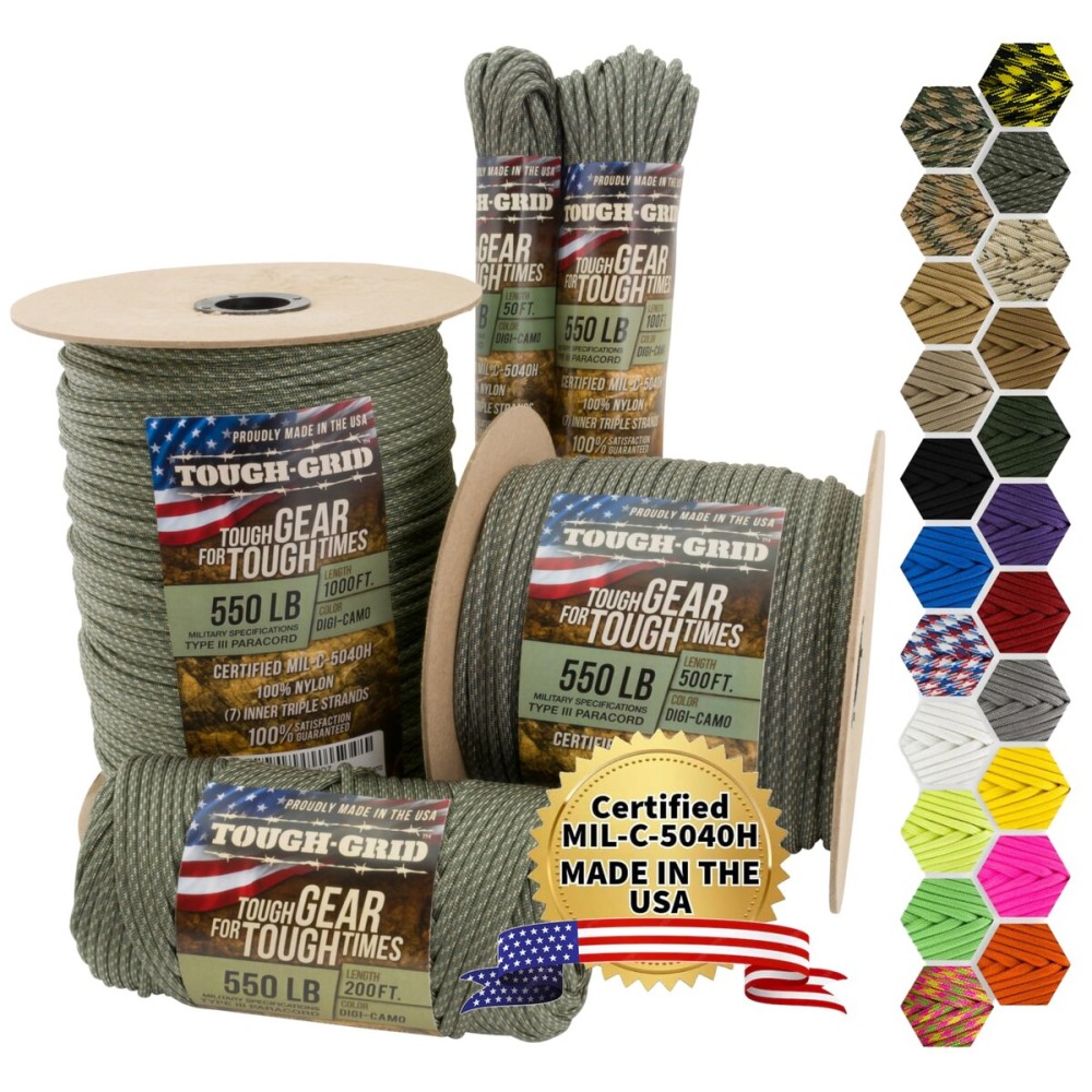 TOUGH-GRID 550 Paracord Rope Nylon Parachute Cord, Made in USA Survival Kit, Outdoor Adventures, Camping, Tactical Gear & Emergency Supplies, Military Type III Mil-Spec