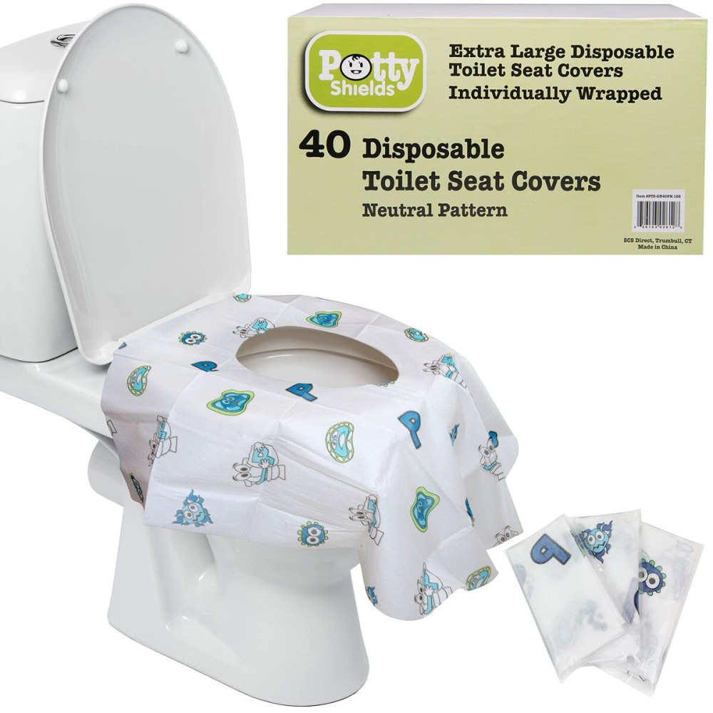 Potty Shields Toilet Seat Covers Disposable (40 Pack) - XL Waterproof Toilet Cover for Toddlers, Kids & Adults - Portable & Individually Wrapped for Travel, Potty Training, Vacations, Public Restrooms