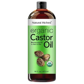 Natural Riches Organic Castor Oil - Cold Pressed, USDA Certified for Hair Growth, Thicker Eyelashes, Eyebrows - Moisturizes Dry Skin and Hair, Helps with Dandruff - Hexane-Free, 16 fl. oz.