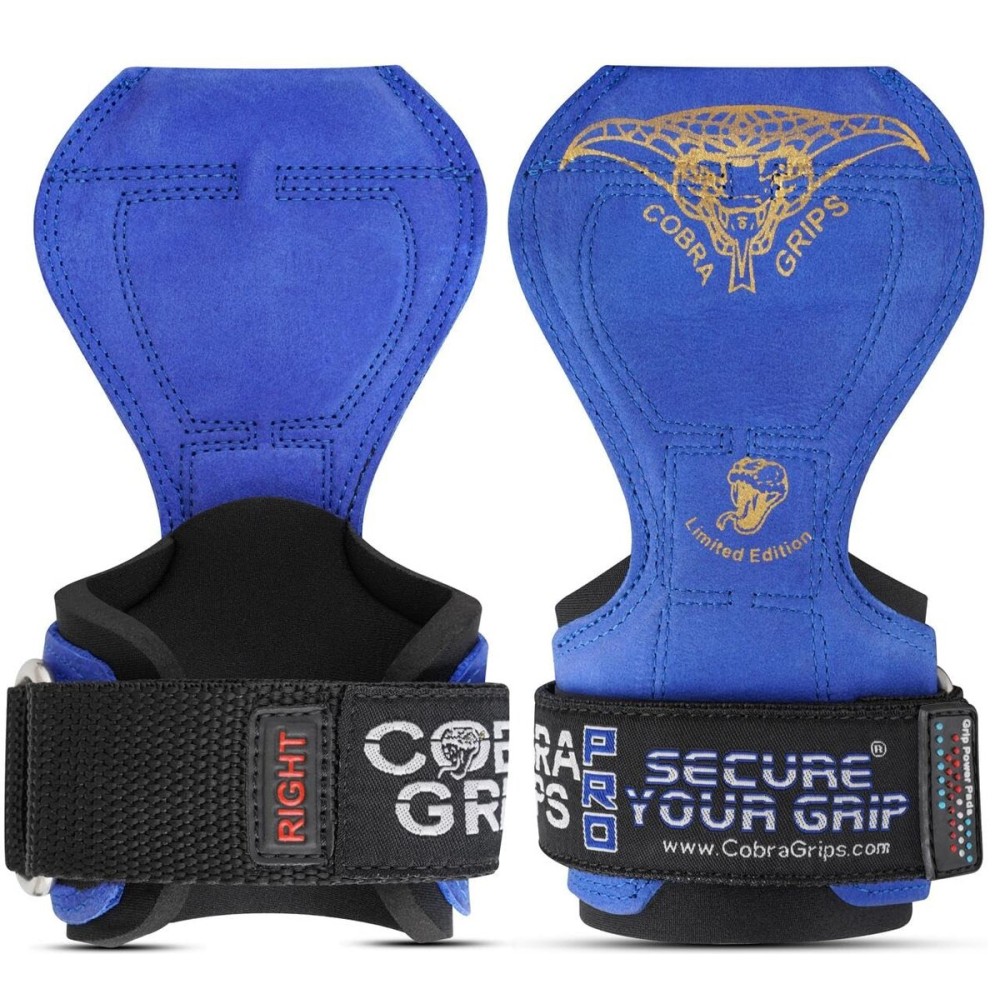 Cobra Grips PRO Weight Lifting Gloves - Heavy Duty Straps Alternative to Power Lifting Hooks for Deadlifts with Built-in Adjustable Neoprene Padded Wrist Wrap Support (PRO Blue Leather)