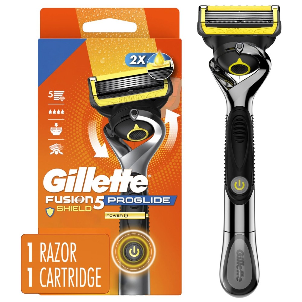 Gillette Fusion5 ProGlide Shield Shaving Razor for Men, 1 Power Razor Handle, 1 Refill, 2x Lubrication, Battery-Powered with FlexBall Handle and Precision Trimmer for Men