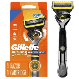 Gillette Fusion5 ProGlide Shield Shaving Razor for Men, 1 Power Razor Handle, 1 Refill, 2x Lubrication, Battery-Powered with FlexBall Handle and Precision Trimmer for Men