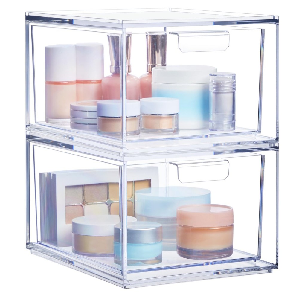 STORi Audrey Stackable Clear Bin Plastic Organizer Drawers | 2 Piece Set | Organize Cosmetics and Beauty Supplies on a Vanity | Made in USA