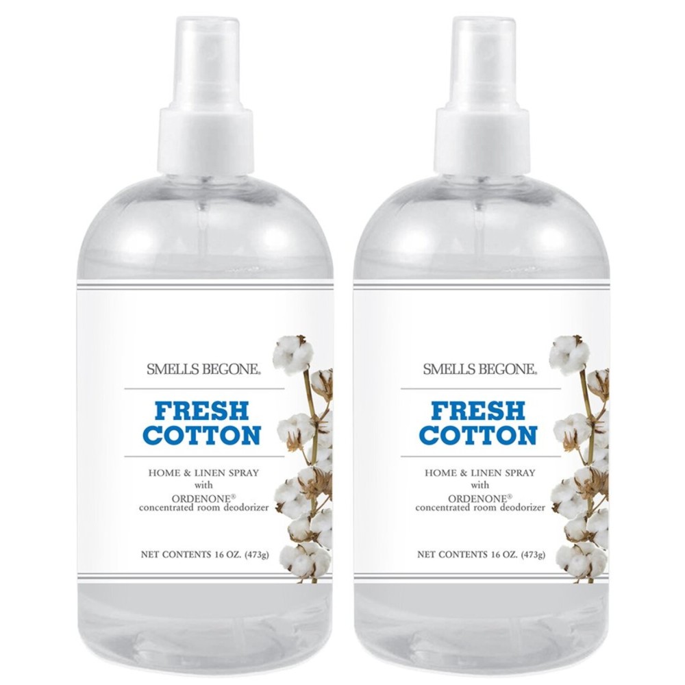 SMELLS BEGONE Air Freshener Home and Linen Spray - Odor Eliminator - Made with Essential Oils - Fresh Cotton Scent - 2 Pack - 16 Ounce