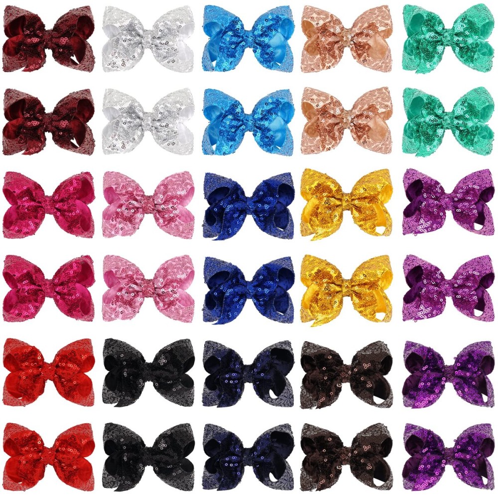 CLLOT Party Festival Baby Girls Sparkling Bows Clips 30PCS Glitter Sequins 4 Hair Bows Alligator Hair Clips for Girls Baby Children Toddlers