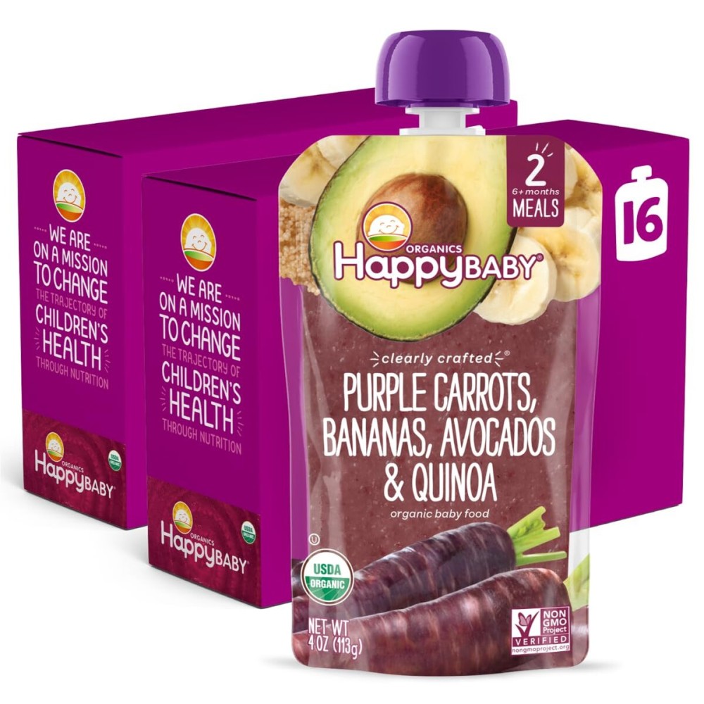Happy Baby Organics Stage 2 Baby Food Pouches, Gluten Free, Vegan & Healthy Snack, Clearly Crafted Fruit & Veggie Puree, Purple Carrots, Bananas, Avocados & Quinoa, 4 Ounces (Pack of 16)