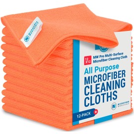 12 x 12 MW Pro Multi-Surface Microfiber Cleaning Cloths | Orange - 12 Pack | Premium Microfiber Towels for Cleaning Glass, Kitchens, Bathrooms, Automotive, Supplies & Products